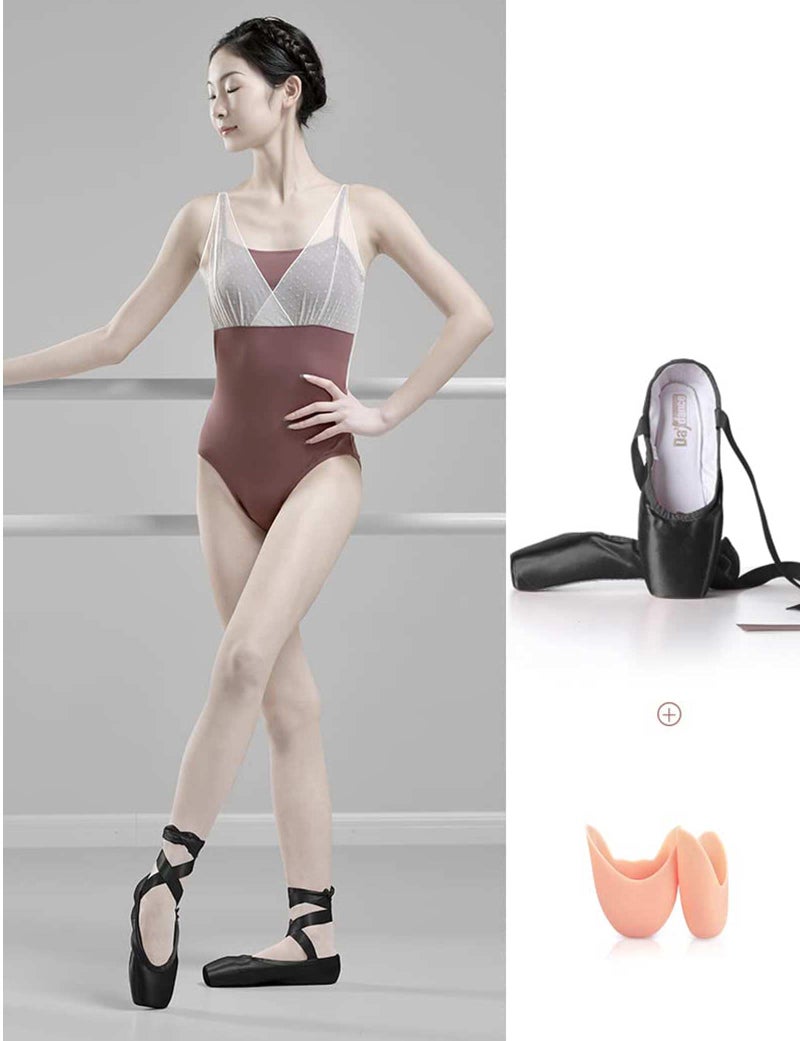 Daydance Black Girls Pointe Shoes for Women, Ribbon Ballet Shoes with Toe Pads, 4 Big Kids - Image 3